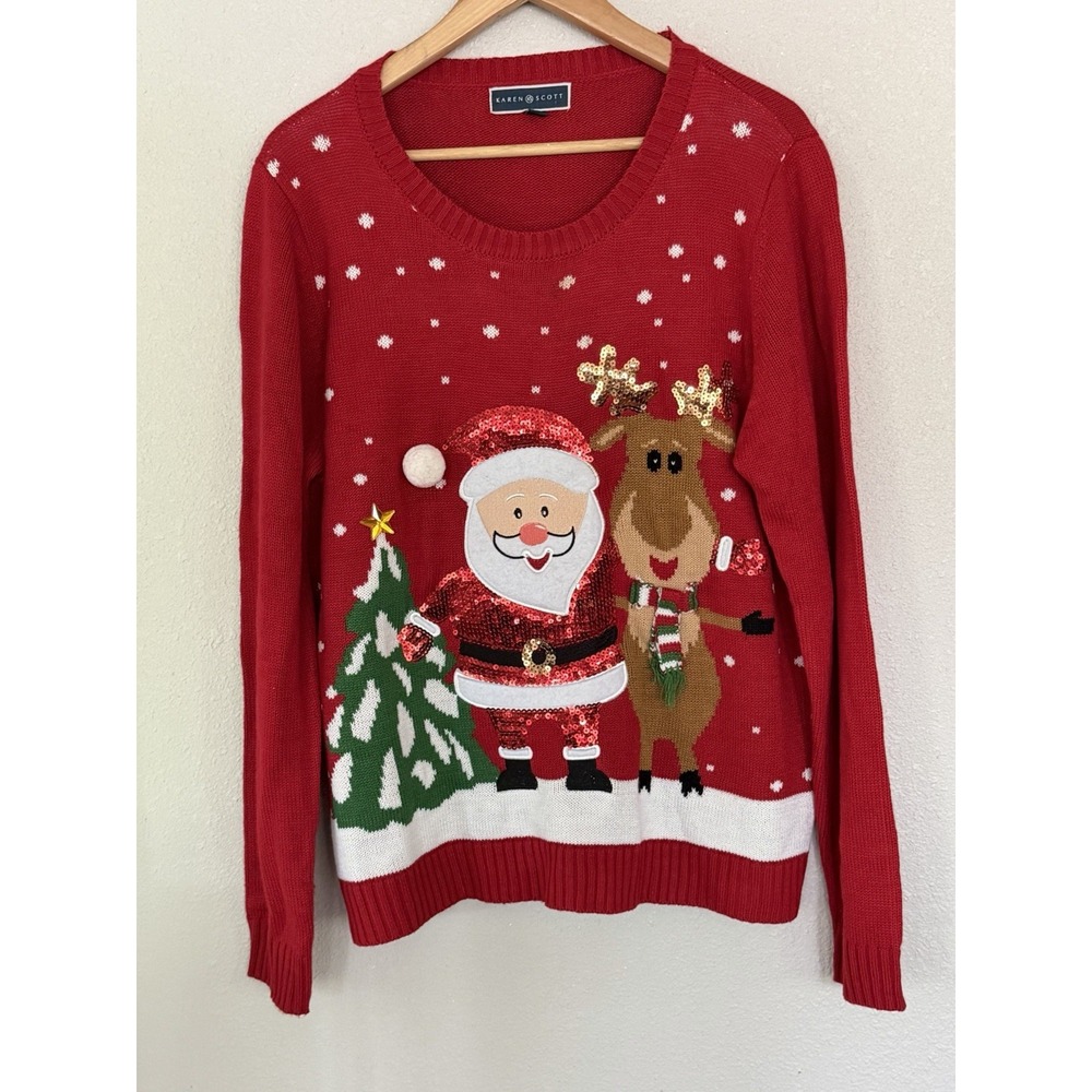 Karen Scott Women's Christmas Sequined Sweater Santa Reindeer Size XL